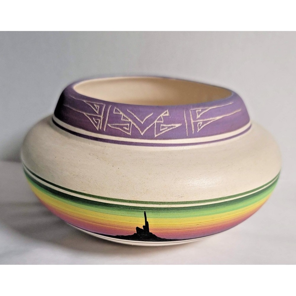 Southwest Native American Ute Pottery Vase Bowl Sunset Desert Scene Signed